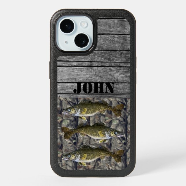 Custom Name Rustic Walleye Fishing  Sports Camo iPhone 15 Case (Back)