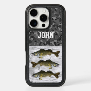 Custom Name Rustic Walleye Fishing Sports Camo iPhone 16 Pro Case