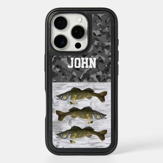Custom Name Rustic Walleye Fishing Sports Camo Otterbox iPhone Case (Back)