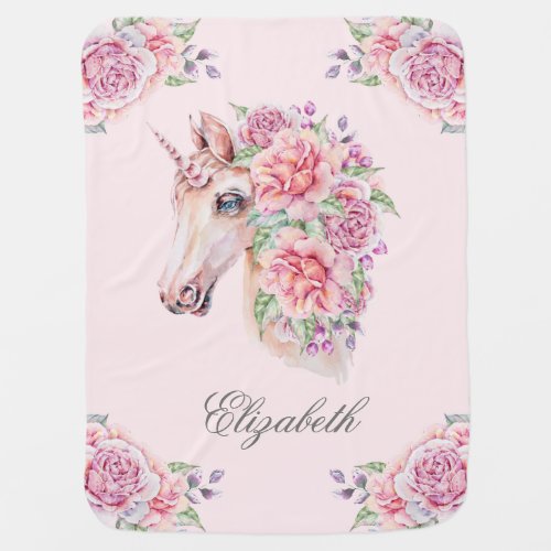 Custom Name Rustic Watercolor Floral Unicorn Girls Baby Blanket