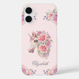 Custom Name Rustic Watercolor Floral Unicorn Girls iPhone 16 Case