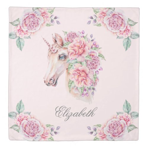 Custom Name Rustic Watercolor Floral Unicorn Girls Duvet Cover