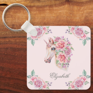 Custom Name Rustic Watercolor Floral Unicorn Girls Keychain