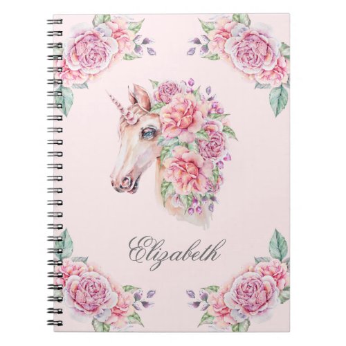 Custom Name Rustic Watercolor Floral Unicorn Girls Notebook