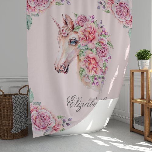 Custom Name Rustic Watercolor Floral Unicorn Girls Shower Curtain