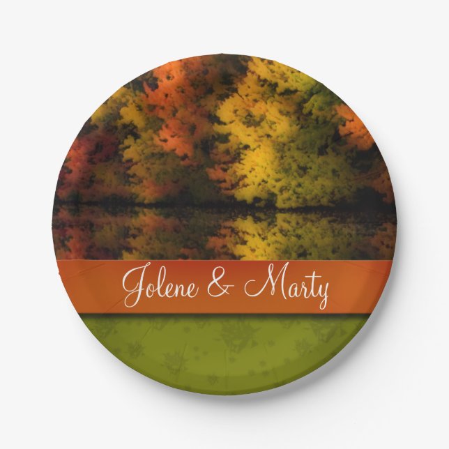 Custom Name Rustic Wedding Fall Scene Personalized Paper Plates (Front)