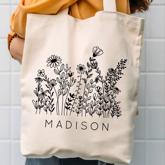 Custom name rustic wildflowers bridesmaid tote bag (Bridesmaid proposal gifts & favor boxes, Bachelorette party gifts & bride squad sets, Bridal shower)