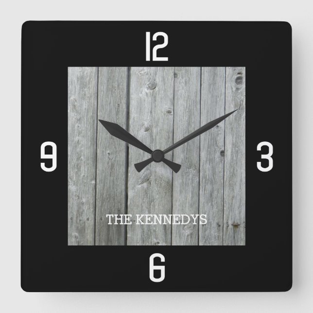Custom Name Rustic Wood Planks Black Square Wall Clock (Front)