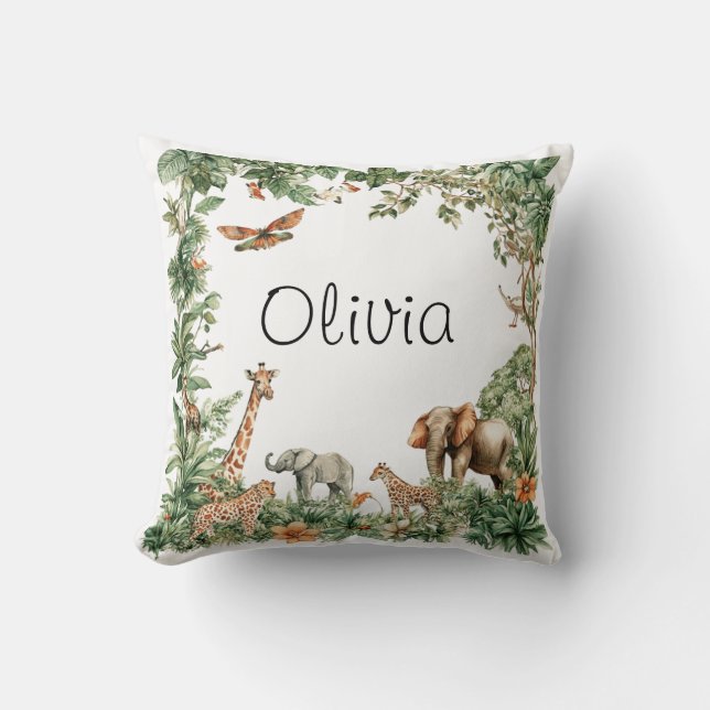 Custom Name Safari Animals Jungle Throw Pillow (Front)