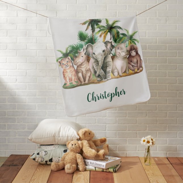 Custom Name Safari Animals Palm Trees Baby Blanket (In Situ)