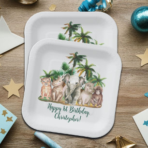 Custom Name Safari Animals Palm Trees Birthday Paper Plates