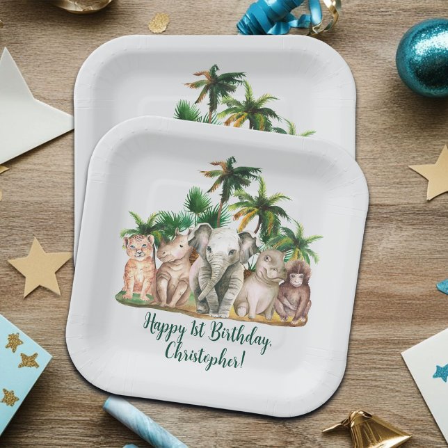 Custom Name Safari Animals Palm Trees Birthday Paper Plates (Creator Uploaded)