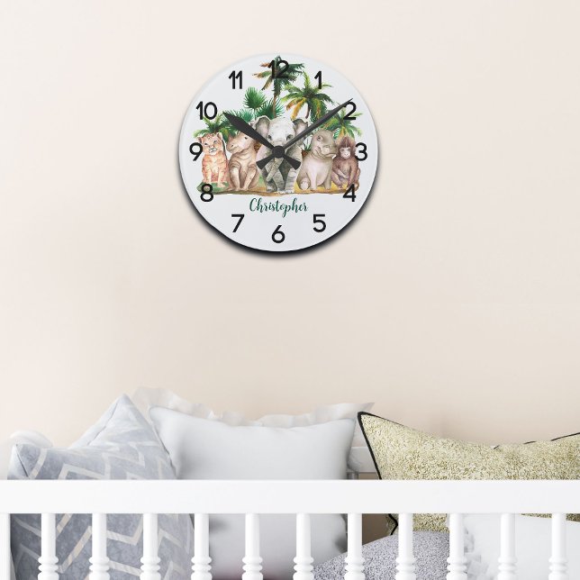 Custom Name Safari Animals Palm Trees Nursery Round Clock (Creator Uploaded)