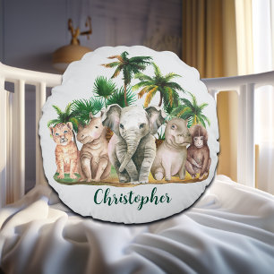 Custom Name Safari Animals Palm Trees Round Pillow