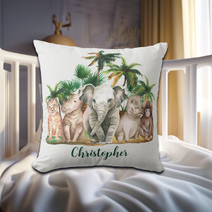 Custom Name Safari Animals Palm Trees Throw Pillow