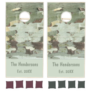 Custom name sage green brown wood bark tree camo cornhole set