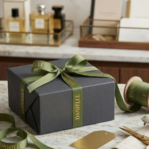 Custom Name Sage Green Satin Ribbon Elegant Gold 
