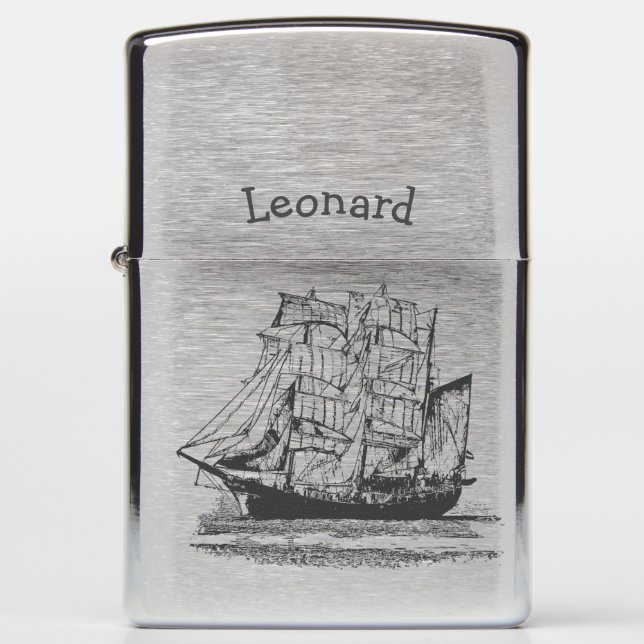 Custom Name Sailing Ship Sailboat Windjammer Zippo Lighter (Front)