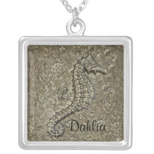 Custom Name Sandy Textured Seahorse Photograph Silver Plated Necklace