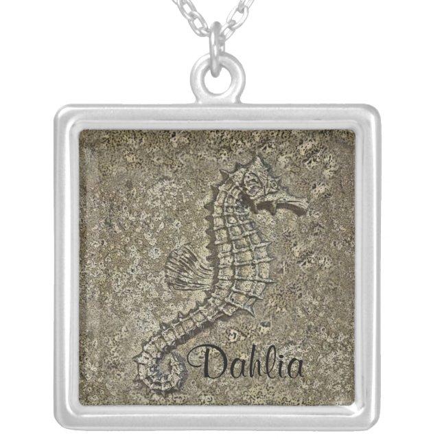 Custom Name Sandy Textured Seahorse Photograph Silver Plated Necklace (Front)