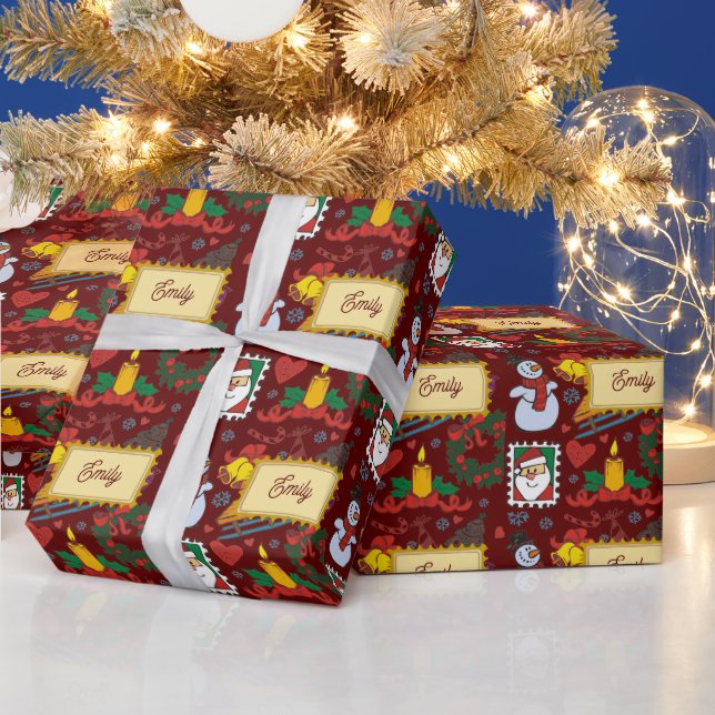 Custom Name Santa Snowman Holiday Red Christmas Wrapping Paper (Holidays)