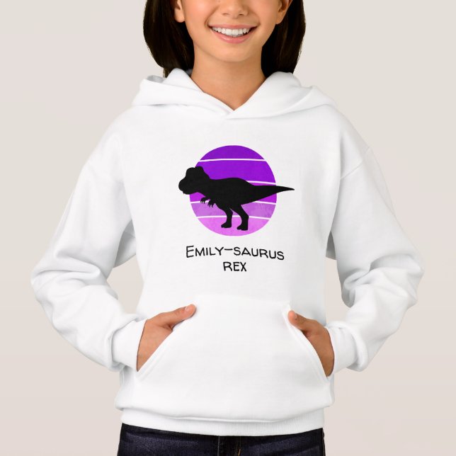 Custom name saurus t rex purple pink dinosaur girl hoodie (Front)