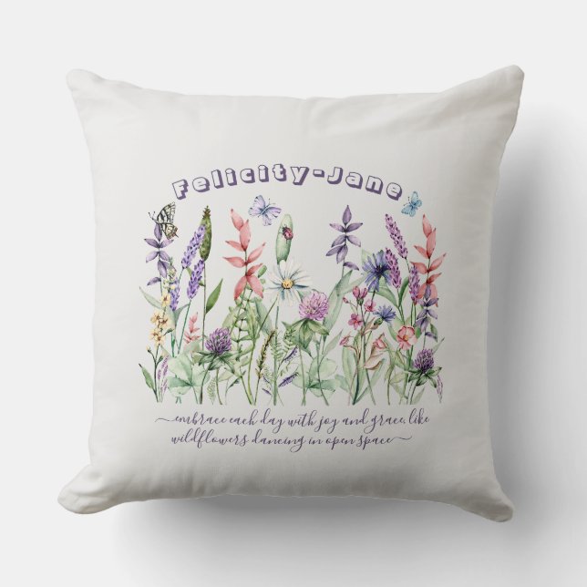 Custom Name Saying Quote Butterfly Wildflower Throw Pillow (Front)