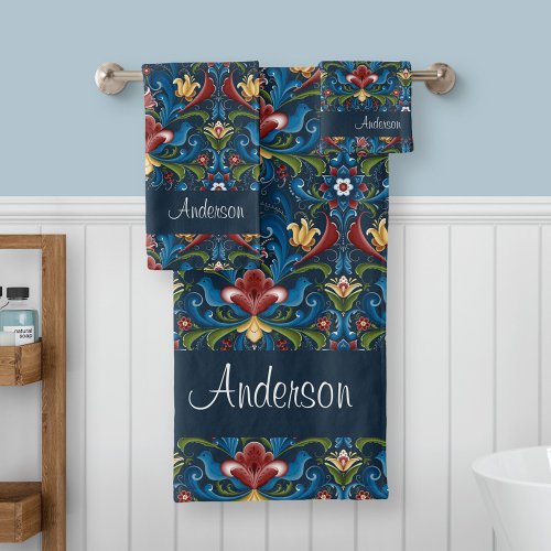 Custom Name Scandinavian Folk Art Floral Pattern Bath Towel Set
