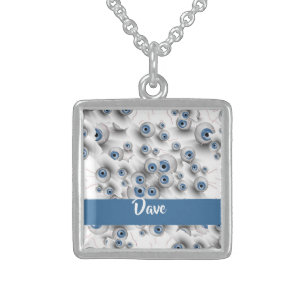 Custom name scary eyes sterling silver necklace