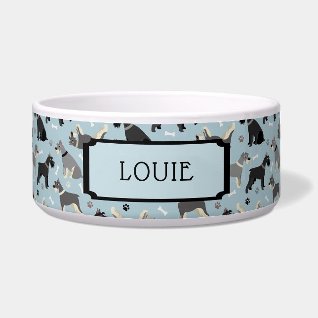 Custom Name Schnauzer Paws and Bones Dog Bowl (Front)