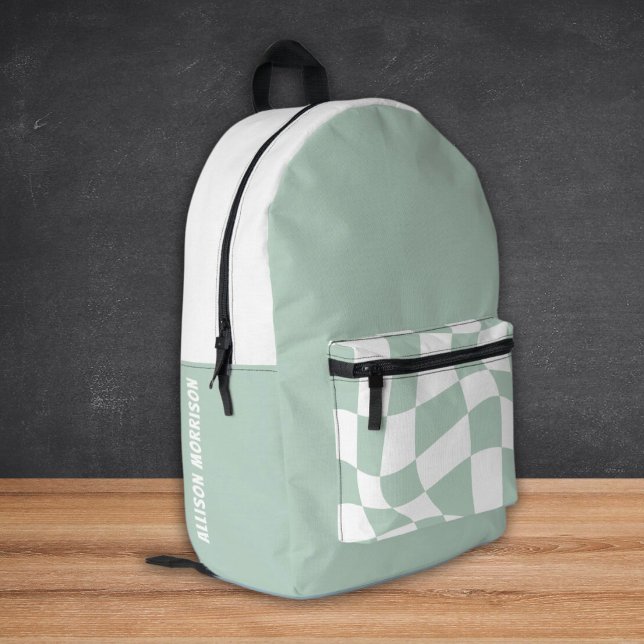 Custom Name School Backpacks - Sage Checkered (Custom Name School Backpacks - Sage Green)