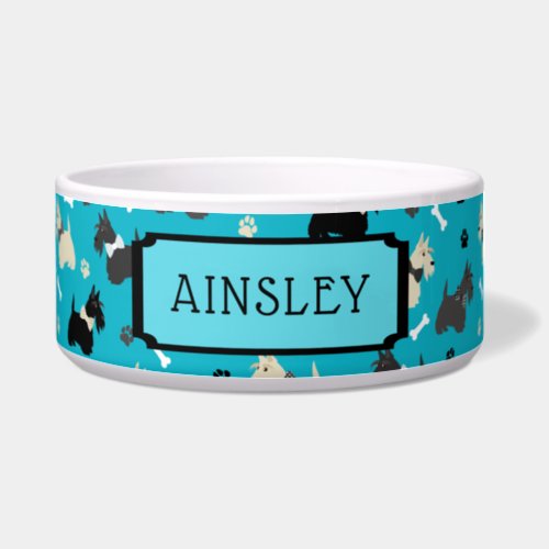 Custom Name Scottish Terrier Pattern Blue Bowl