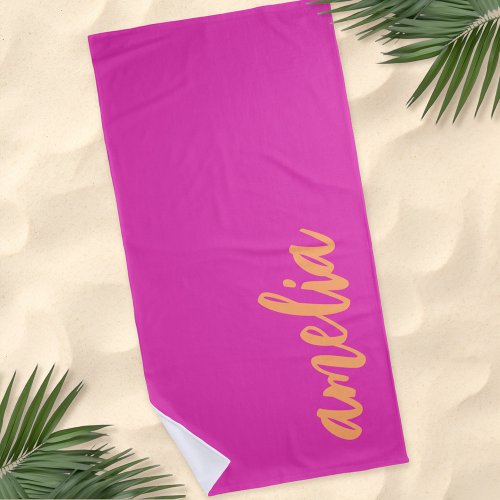 Custom name script bold magenta orange beach towel