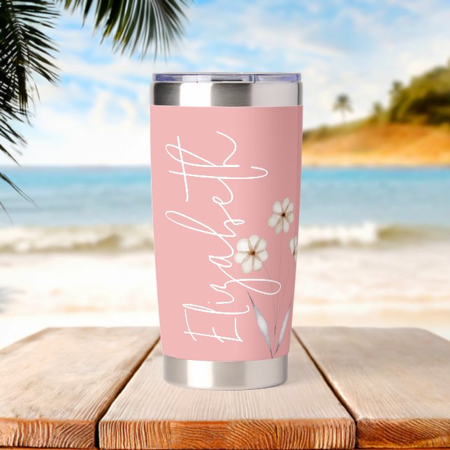 Custom Name Script Pink Floral Personalized Insulated Tumbler (Beach (Rotated))
