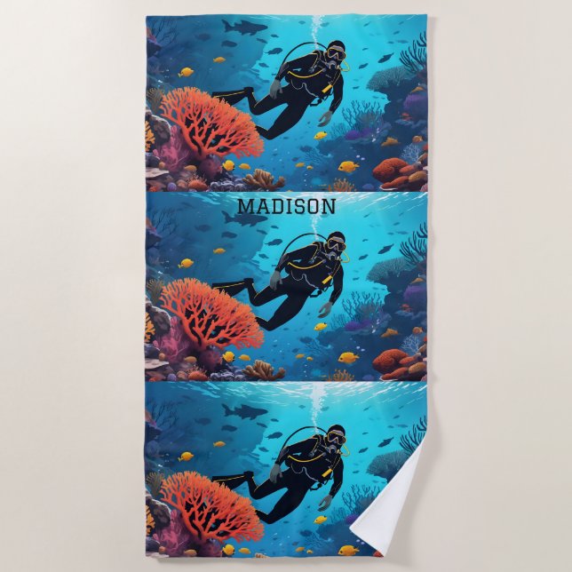 Custom Name Scuba Diver Beach Towel (Front)