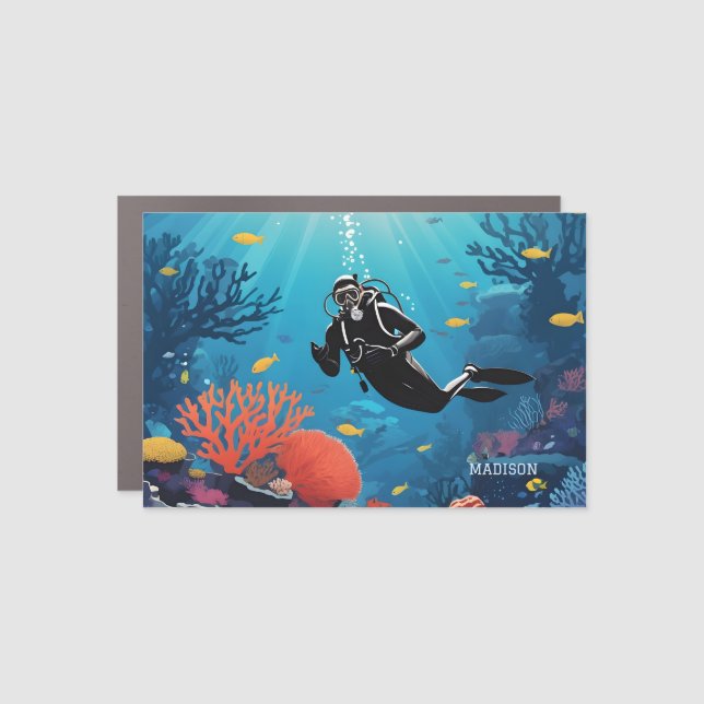 Custom Name Scuba Diver Car Magnet (Front)