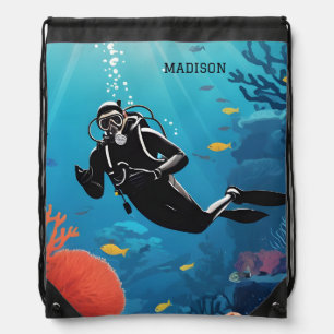 Custom Name Scuba Diver Drawstring Bag