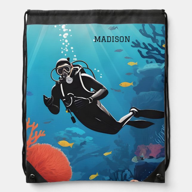 Custom Name Scuba Diver Drawstring Bag (Front)