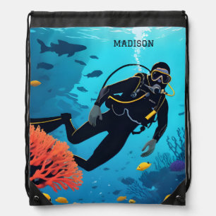 Custom Name Scuba Diver Drawstring Bag