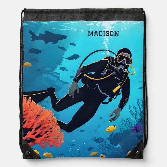 Custom Name Scuba Diver Drawstring Bag (Front)