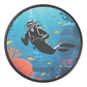Custom Name Scuba Diver Hockey Puck