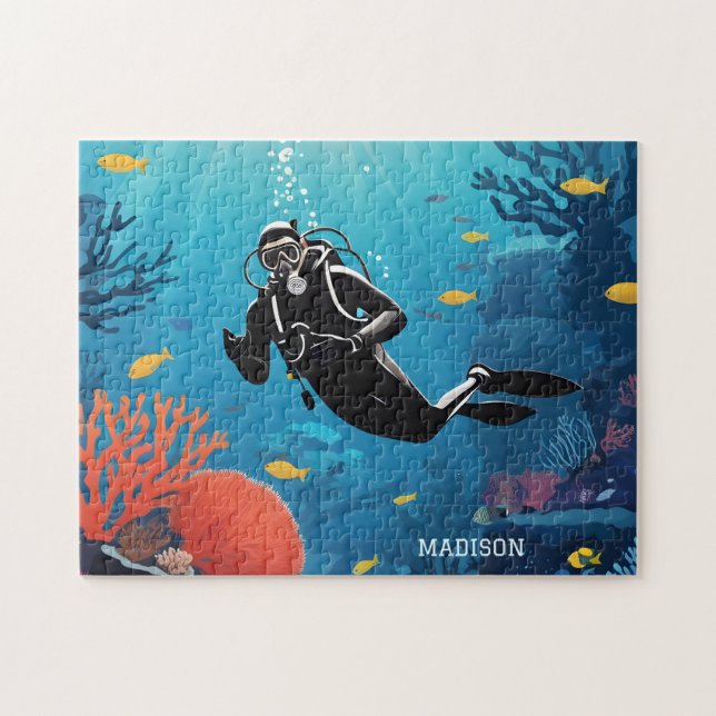 Custom Name Scuba Diver Jigsaw Puzzle (Horizontal)