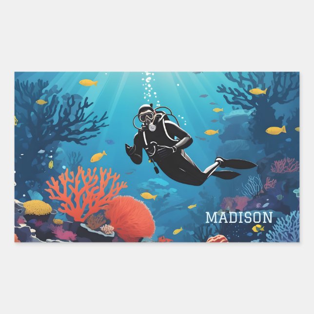 Custom Name Scuba Diver Rectangular Sticker (Front)