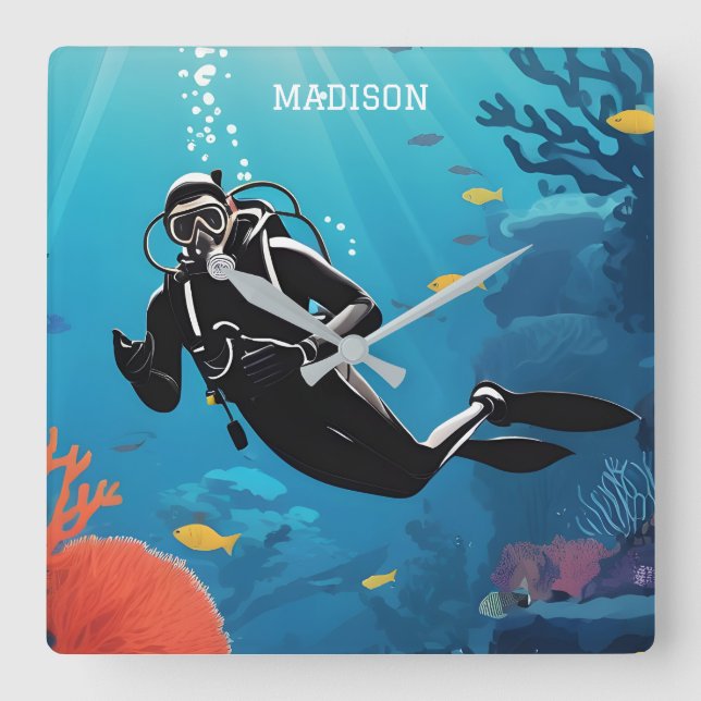 Custom Name Scuba Diver Square Wall Clock (Front)