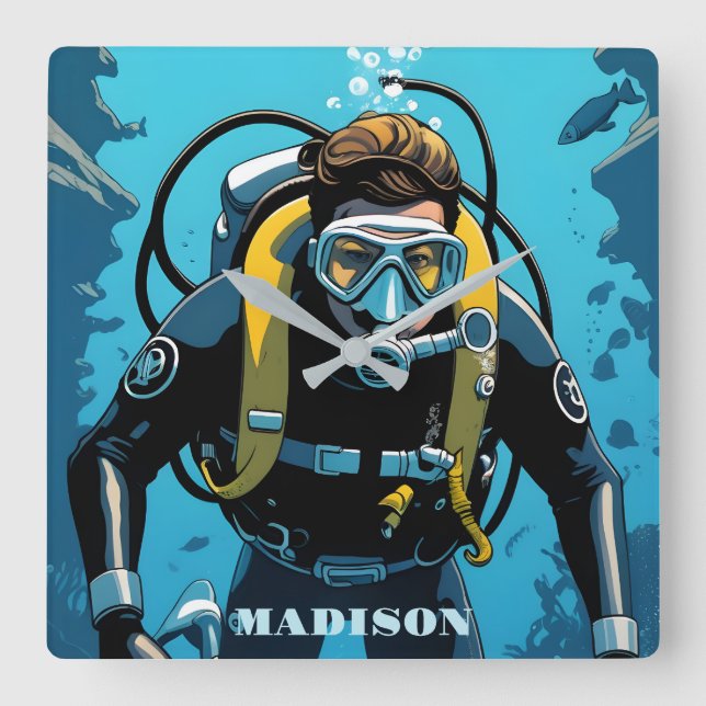 Custom Name Scuba Diver Square Wall Clock (Front)