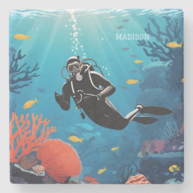 Custom Name Scuba Diver Stone Coaster (Front)