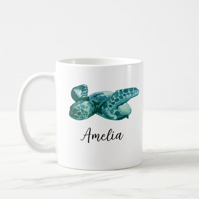 Custom Name Sea Turtle Painting Coffee Mug (Left)