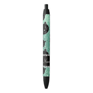 Custom name seafoam green glitter black cat faces black ink pen
