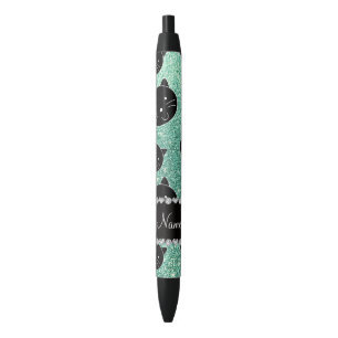 Custom name seafoam green glitter black cat faces pen