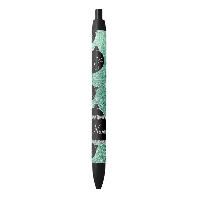 Custom name seafoam green glitter black cat faces pen (Front Vertical)